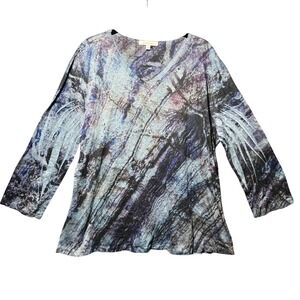 Jess & Jane Abstract Print V Neck Long Sleeve Tunic Top Women's Size L Blue